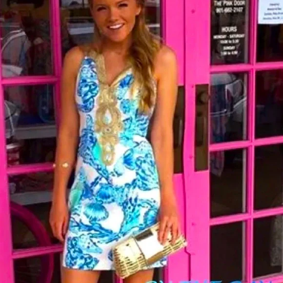 open lace back dress Lilly Pulitzer Anabelle Stretch Shift Women's Dress Resort White : 12 main image 1